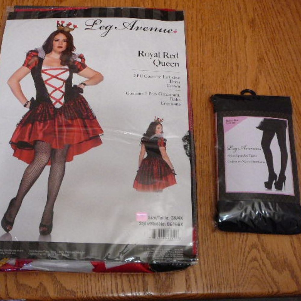 Leg Avenue Royal Red Queen Halloween Costume 3X/4X & Black Queen Size Tights-NEW